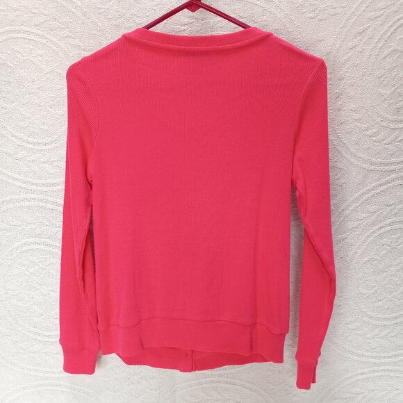 Coral Pink Ribbed Long Sleeved Shirt Ruffled Front & Buttons Size Petite (T-381) - Picture 8 of 8